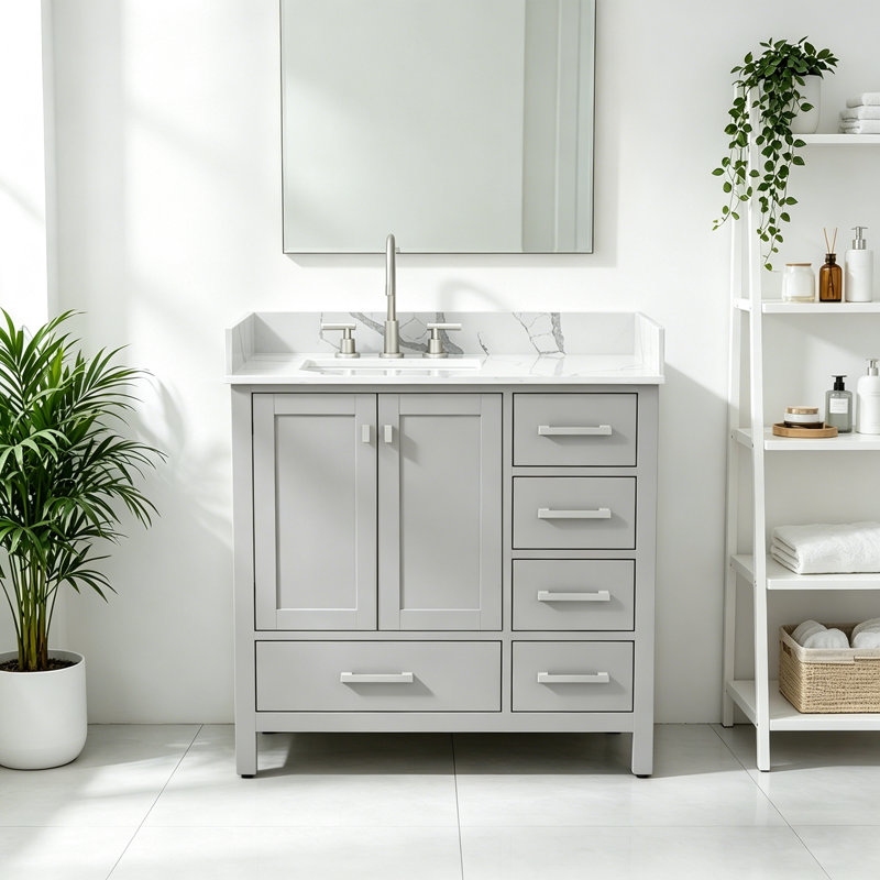 Ensemble de meuble-lavabo en bois massif 36 po avec comptoir en quartz et dosseret, Grey, Brushed Nickel
