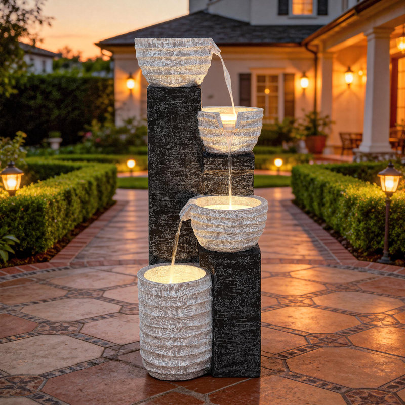 39.8" Multilayer Sand-Textured Water Fountain with LED Lights, Polyresin Cascading Waterfall Decor, Weather-Resistant Outdoor Feature for Garden or Patio