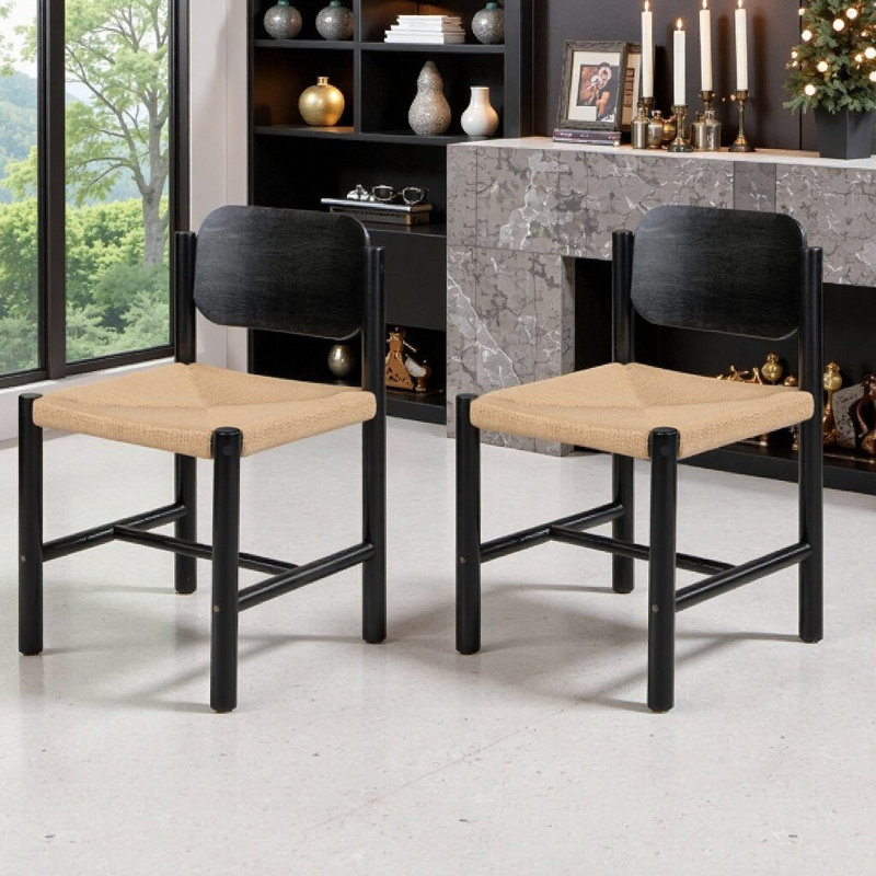Ensemble de 2 fauteuils en corde de papier fabriqués à la main, structure en bois massif, chaises de cuisine sans accoudoirs
