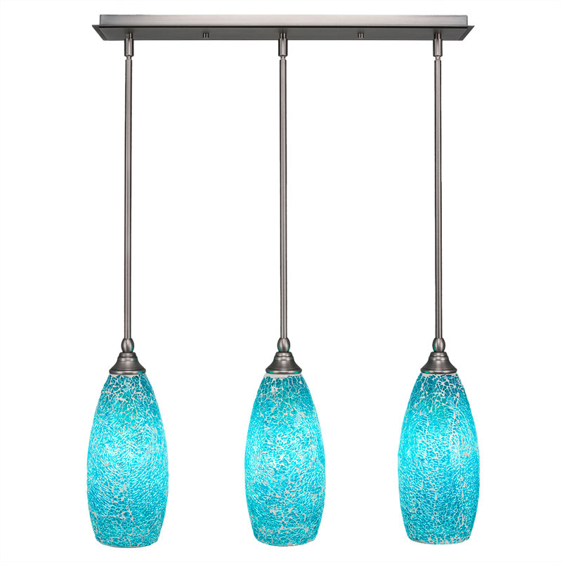 3 Light Stem Hung Linear Pendalier Shown With 5" Fusion Glass, Turquoise, Brushed Nickel, 13.25" H x 25.25" W x 5.5" D