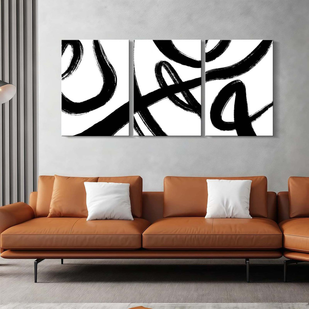 3Pcs Framed Abstract Black And White Canvas Wall Art Minimalist Brushstroke Line Prints Modern Home Gallery Style Picture Painting Posters Bedroom Liv