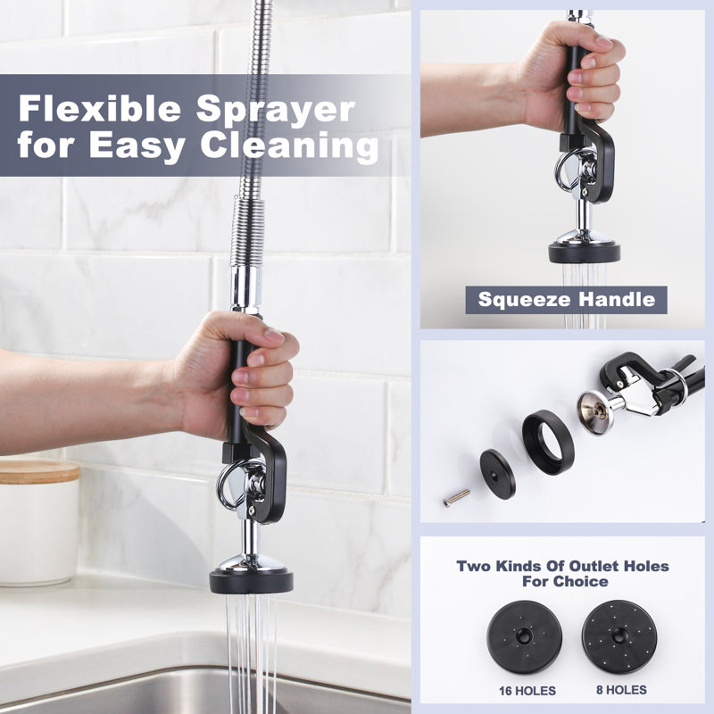 28.9 Inch Brass Deck Mount Commercial Kitchen Faucet with Pre-Rinse Sprayer, Silver