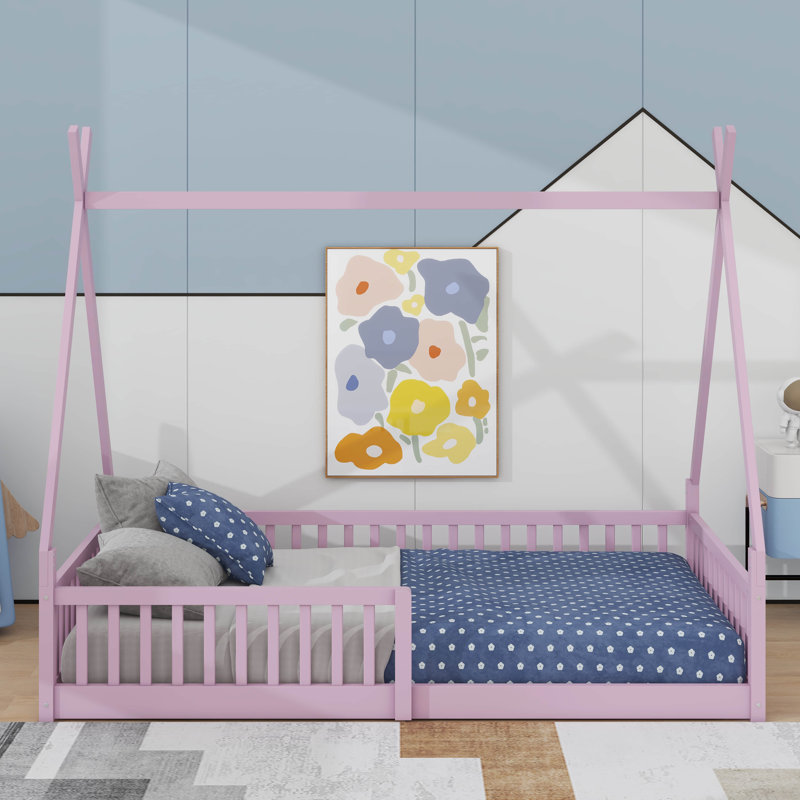 Lit simple en bois avec clôture, Rose
