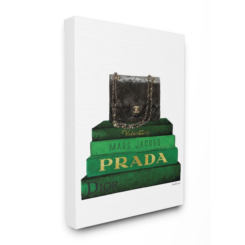 «Fashion Designer Purse Bookstack Green Black», impression, Toile tendue, H 30 po x l 24 po