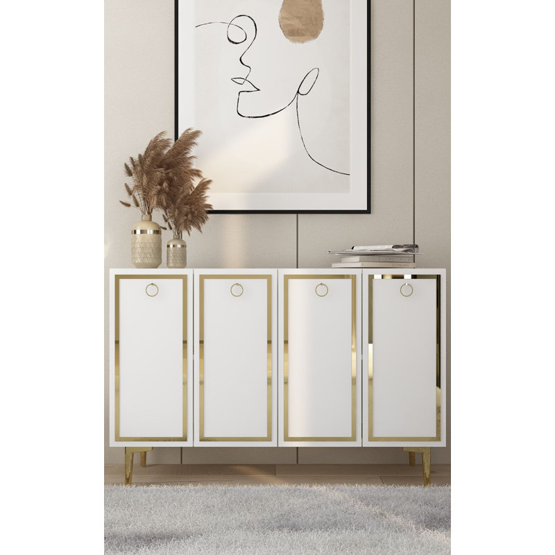 Console moderne avec de nombreuses tablettes, blanc et or, panneau de particules recouvert de mélamine à 100%, épaisseur: 0,7 pouce | Conception murale et élégante pour le vestibule et le salon