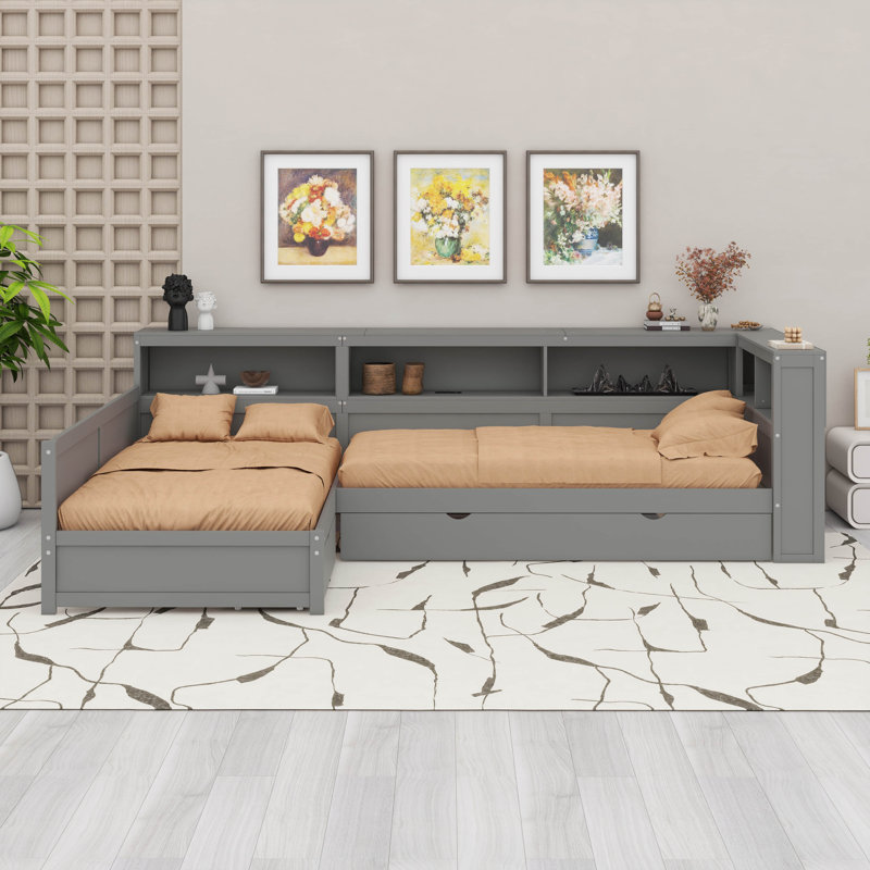Lit plateforme en L avec lit gigogne, lit de jour avec tablette de rangement et station de charge, cadre de lit double d'angle en bois
