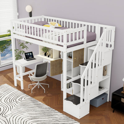 Twin Loft Bed With Built-In Desk, LED, Shelves And Cabinets
