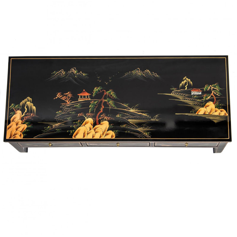 Black Lacquer Hand-Painted Landscape Coffee Table with Storage