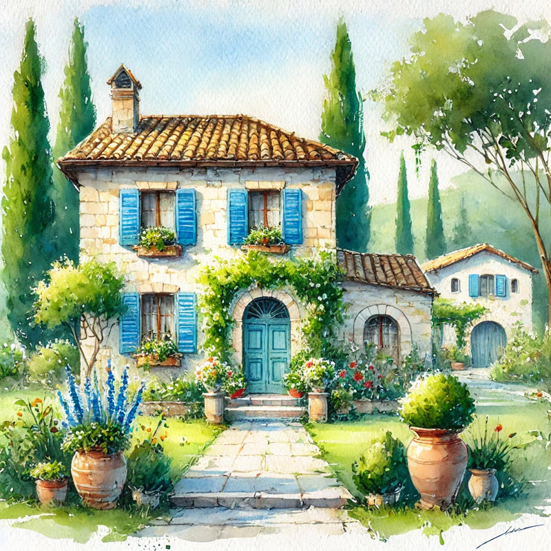 Charmante maison de campagne avec des volets bleus sur toile tendue, H 20 po x l 20 po x P 1,5 po