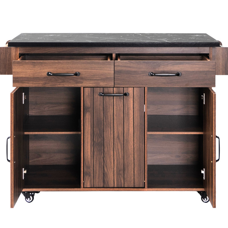 Îlot de cuisine mobile avec poubelle intégrée, abattant rabattable, étagère réglable, porte-épices, placard de luxe au fini noyer et étagère à serviettes - Brun