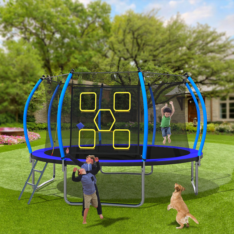 14FT Trampoline With Enclosure - Recreational Trampolines With Ladder, Blue