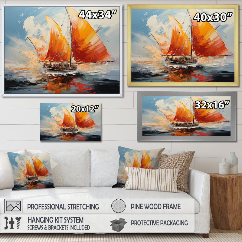 Bateau à voiles énergiques - Imprimé, H 24 po x l 32 po x P 1 po, Cadre naturel flottant