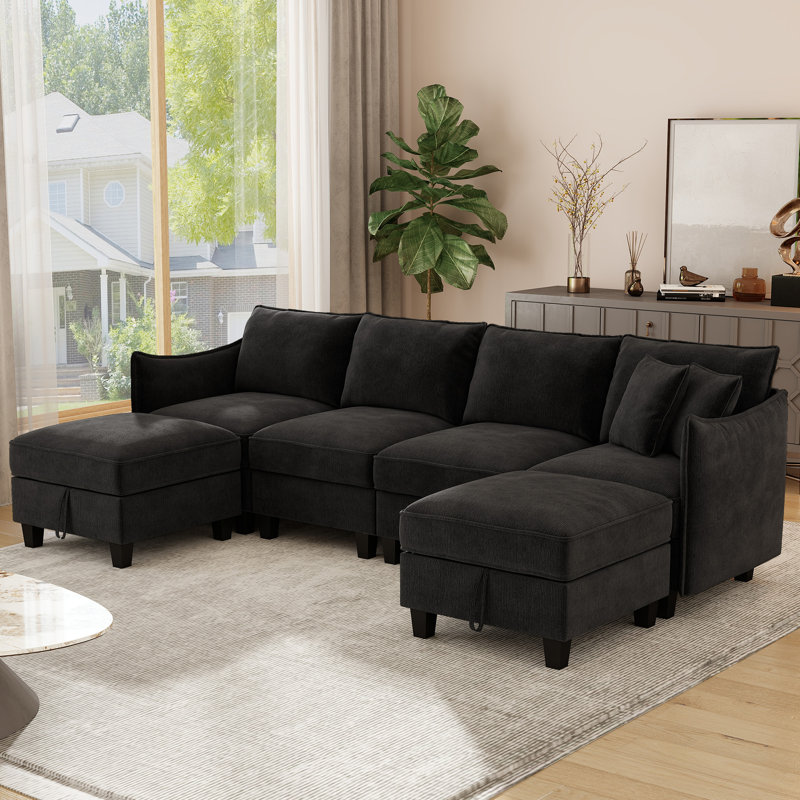 Canapé modulaire en U de 112 po avec deux repose-pieds Esai, Noir