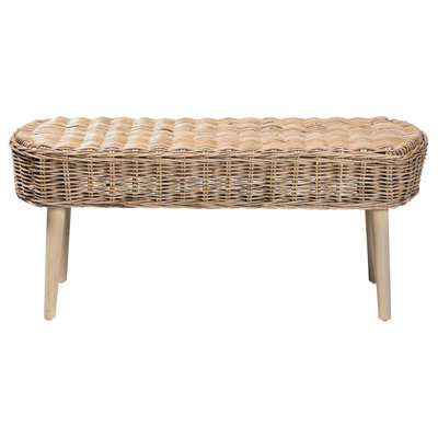 Banc d'appoint bohémien avec pieds fuselés, siège tissé ajouré, de forme ovale, fabriqué à la main à partir de bois, gris, largeur 44,69 po, profondeur 16,86 po, hauteur 17,8 po, poids de 18,14 lb, en forme