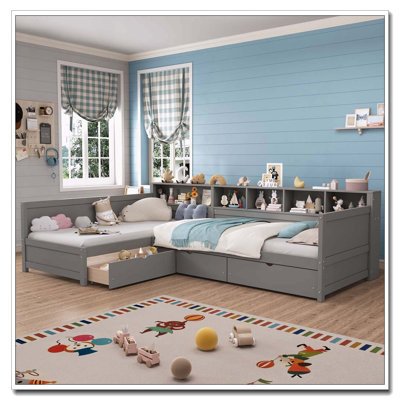 Twin Size L-Shape Day Bed for 2 with Drawers and Bookshelf