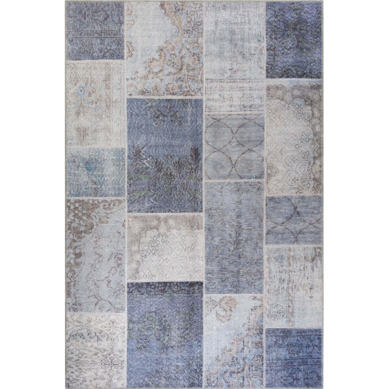 Tapis décoratif tissé bleu et gris, Rectangle 3 pi 10 po x 5 pi 3 po