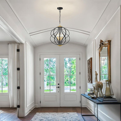Lustre moderne noir et doré pour la salle à manger, lustres géométriques à 4 lumières, grand luminaire suspendu industriel à lustre sphère suspendu pour la cuisine, le vestibule, le vestibule, les escaliers