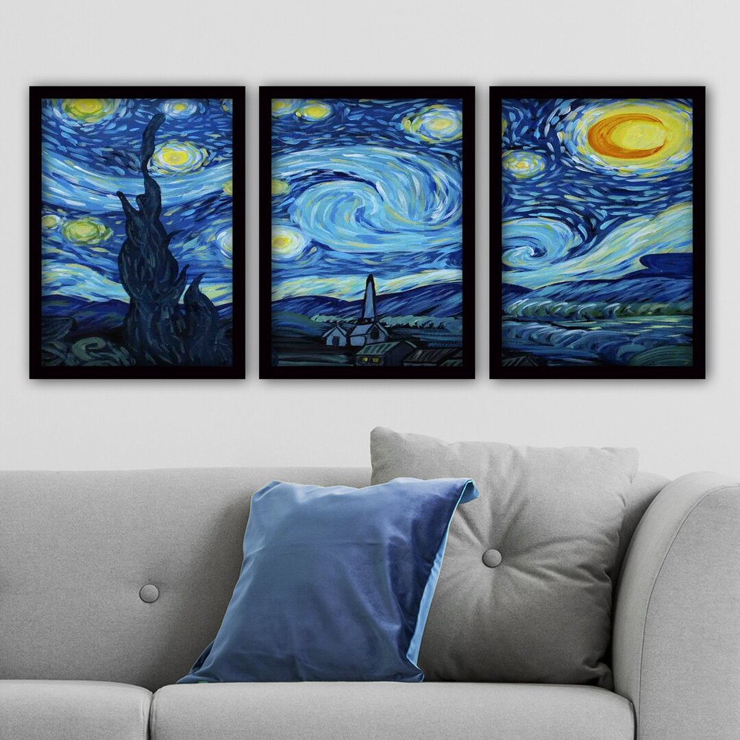 3-tlg. Gerahmtes Holzbilder-Set - Gemälde „The Starry Night” von Vincent Van Gogh