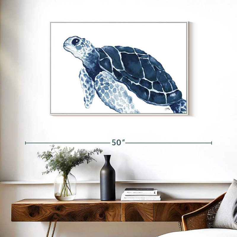 Tortue dans les bleus, Cadre flottant blanc, 37 po x 25 po