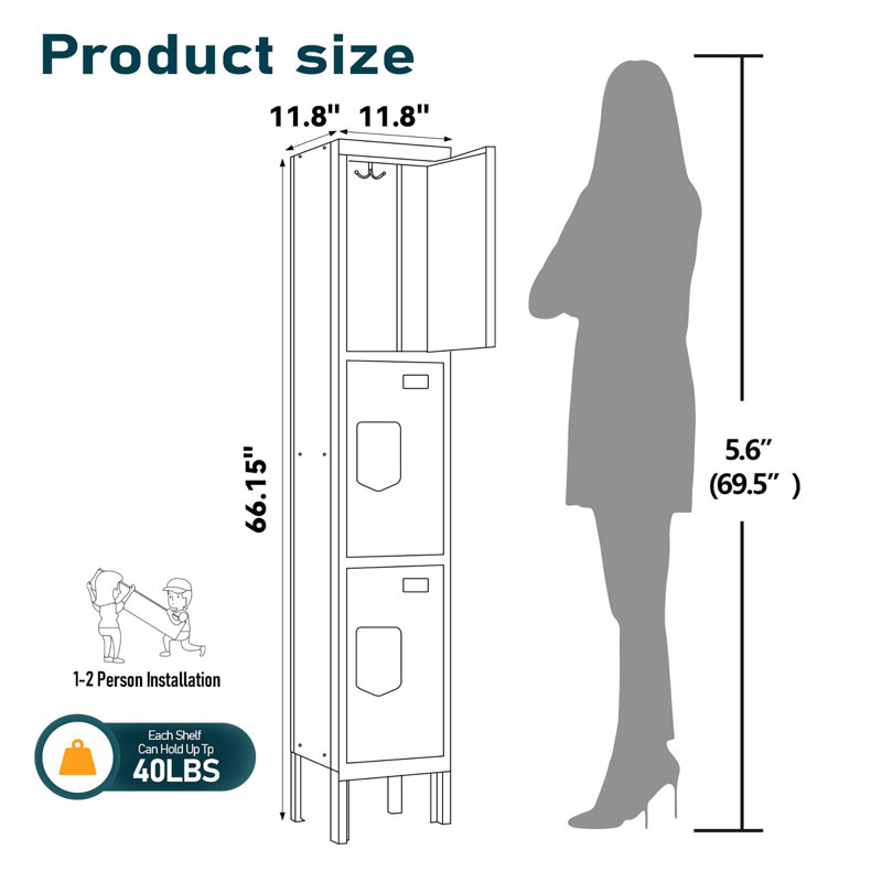 Casier en métal avec casier 3 employés, casier de rangement en métal avec crochets, Gris