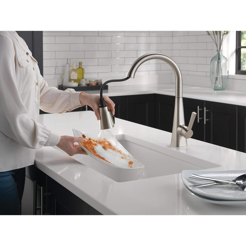 Robinet de cuisine en nickel brossé Lenta, robinets de cuisine avec douchette rétractable, robinet d'évier de cuisine, robinet pour évier de cuisine, tête de pulvérisation magnétique, acier inoxydable Spotshield 19802Z-SP-DST