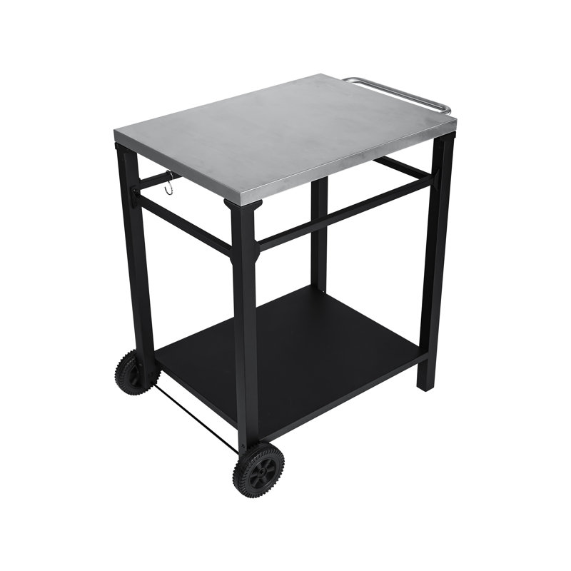 Chariot de barbecue extérieur à 2 niveaux avec plateau en acier inoxydable, grande base de roue, noir et blanc
