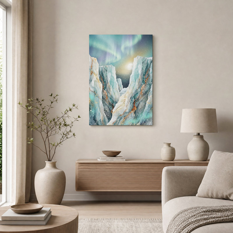 Art mural sur toile Teal Marble Mountains with Gold Veins under Aurora, H 36 po x l 24 po