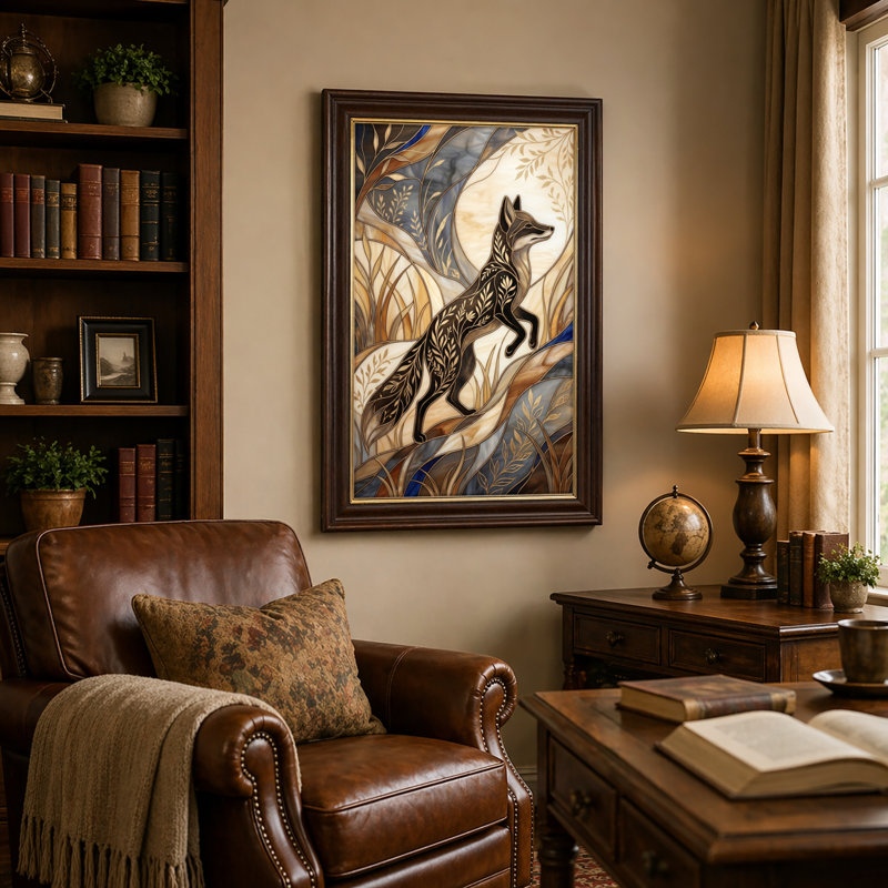 Art mural antique sur toile encadré doré pour le salon, la chambre à coucher, le bureau ou le vestibule - décoration murale décorative avec art renard