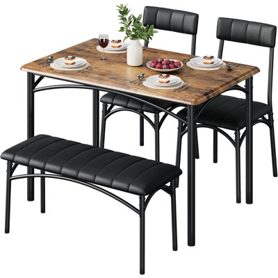 Space-Saving 4-Piece Dining Table Set – Rectangular Table with 2 Upholstered Chairs & Bench – Industrial Metal Frame – Perfect for Small Apartments