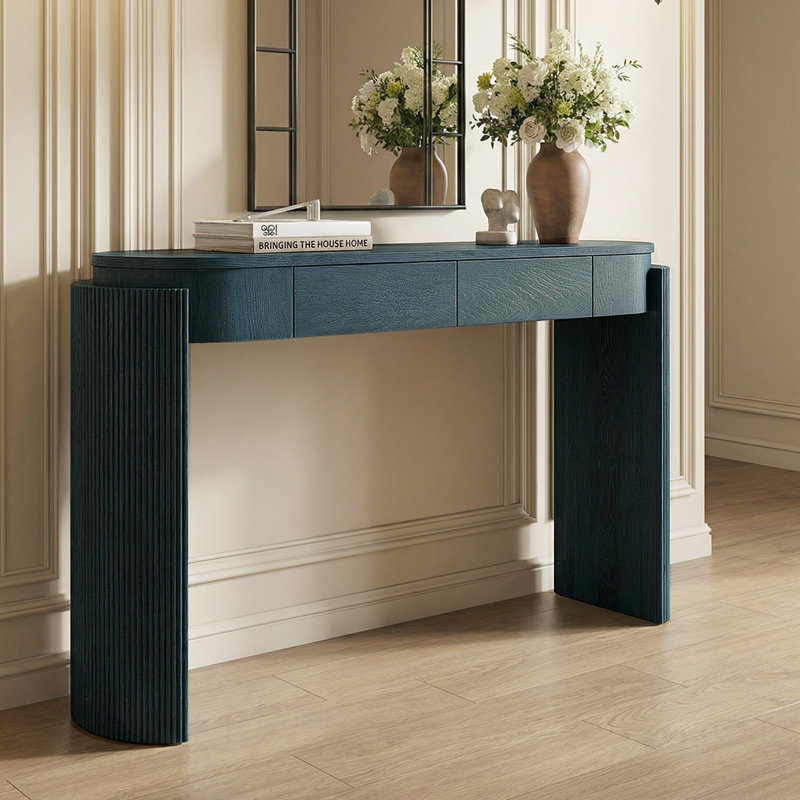 Console élégante avec pieds cannelés et 2 tiroirs, table d'entrée avec rangement à tiroirs dissimulés, Marine