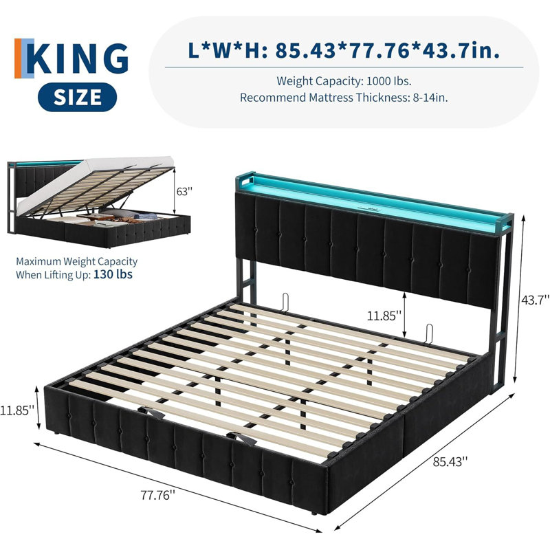 Base de lit avec rangement relevable et station de charge, Noir, Très grand lit