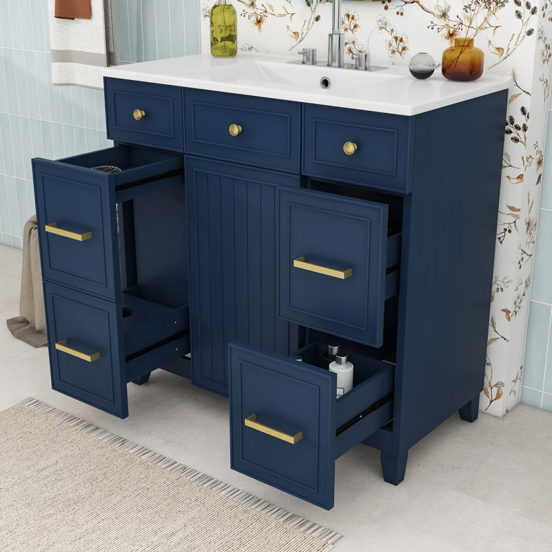 Meuble-lavabo 36 po avec lavabo en céramique, armoire de rangement avec porte à fermeture douce et 3 tiroirs, Marine