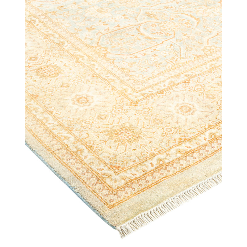 Tapis unique bleu clair / ivoire noué à la main de conception unique 6 pi 1 po x 9 pi 2 po Keenan