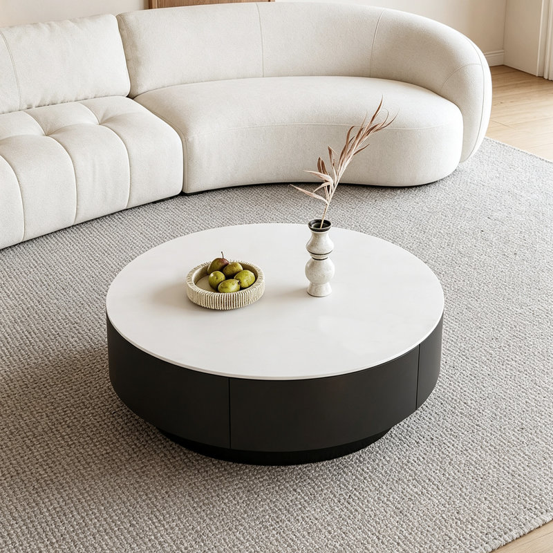 Table basse ronde pour petit appartement, H 12,99 po x l 27,55 po x P 27,55 po, White, Wood