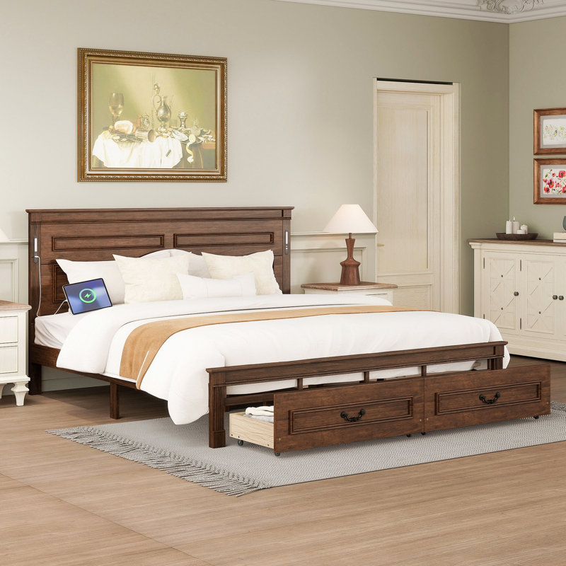 Lit très grand lit avec tête et pied de lit à grand panneau, 2 tiroirs de rangement, lumières DEL intégrées, station de charge USB, lit en bois de pin avec cadre de lit renforcé, noyer