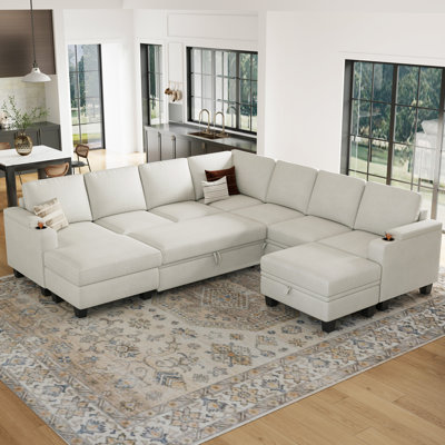 Januelle Bujesily Chenille U Shaped Couch Large Pull Out Sleeper With Chaise Sectional Sofa Modular Couch With Storage Ottoman Storage Seat