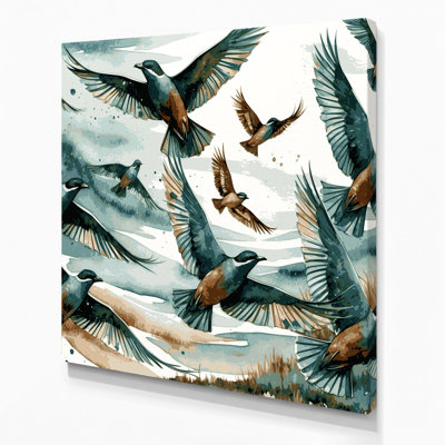 Birds winged Teal Brown Canvas Wall Art