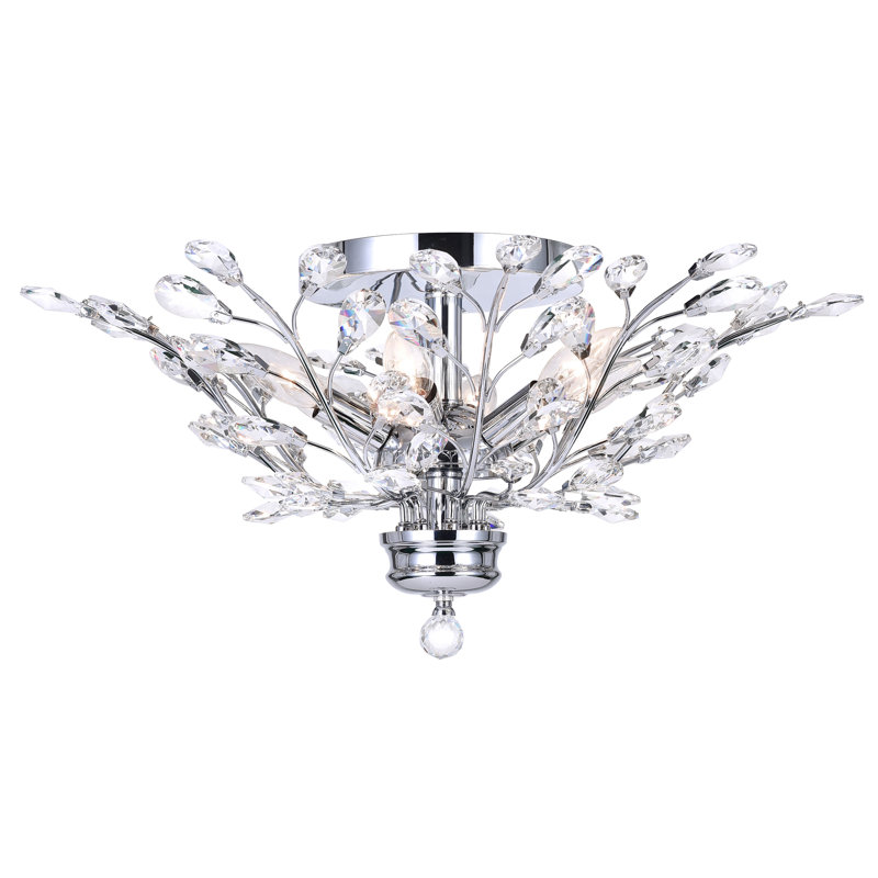 6 Light 22in Flush Mount Ceiling Light Fixture Chrome Finish with Crystal Leaves