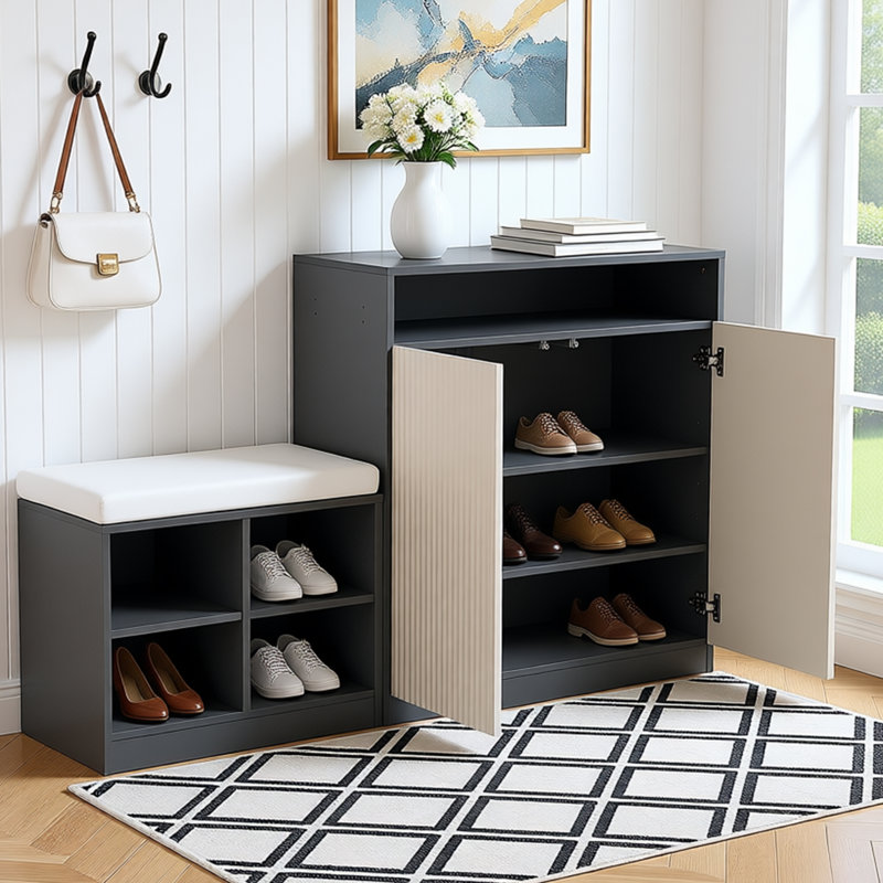 Shoe Cabinet With Bench And Cushion, Gray