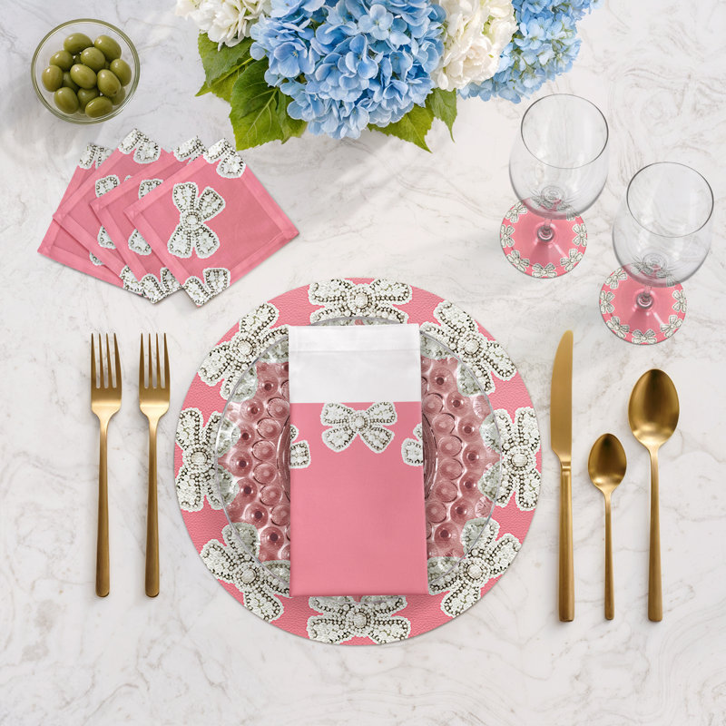 Pearl Bow Vegan Leather Round Pebble Placemat, Pink
