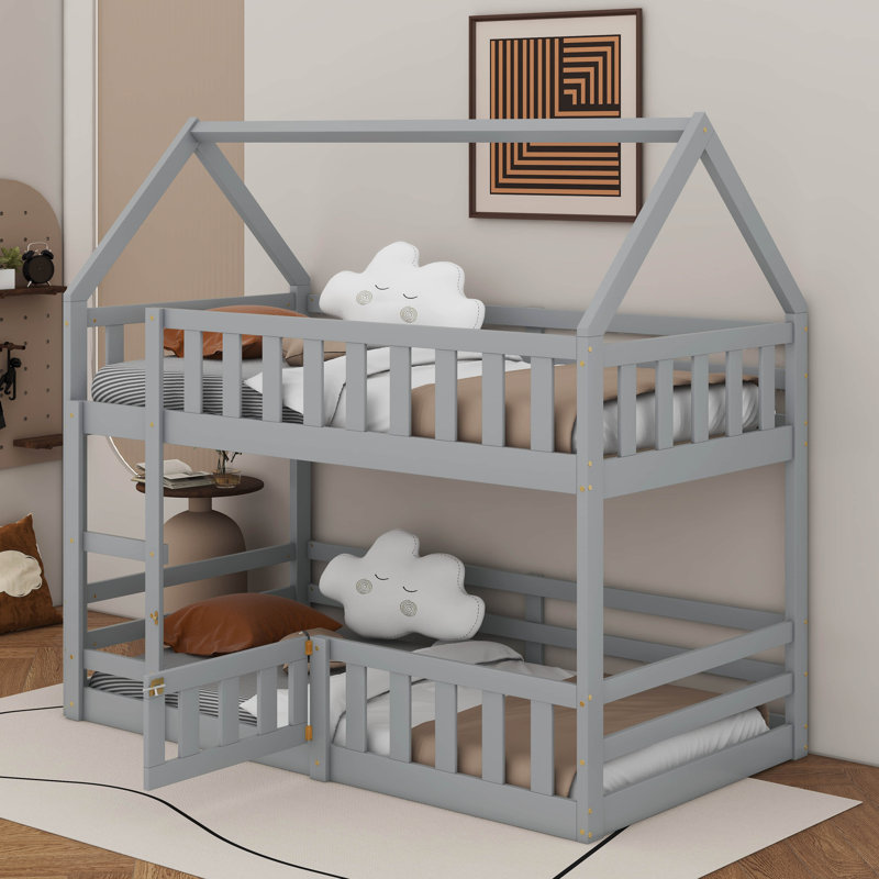Sereno Solid Wood House Bunk Bed with Fence and Door, Gray