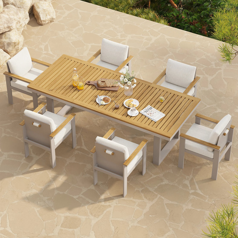 Table de salle à manger de patio, teck Tevara et table d'extérieur en aluminium pour 6 à 8 personnes avec structure résistante aux intempéries pour terrasse