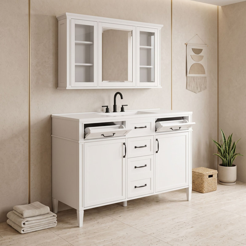 Meuble-lavabo autoportant contemporain avec comptoir en composite, tablettes réglables et portes à fermeture en douceur