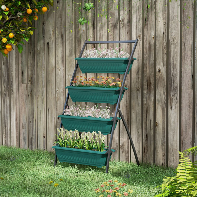 Support pour plante à 4 niveaux avec 4 jardinières, jardin surélevé en plastique vert sauge pour fleurs de légumes