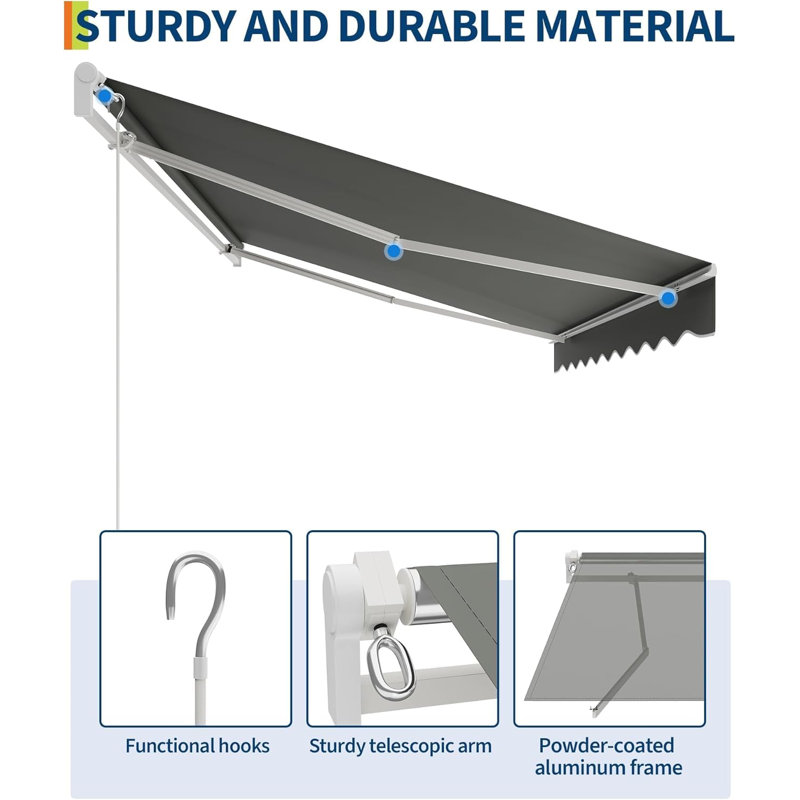 12x10FT Waterproof Patio Awning with Manual Crank for Garden, Deck, Gray, Solid Color