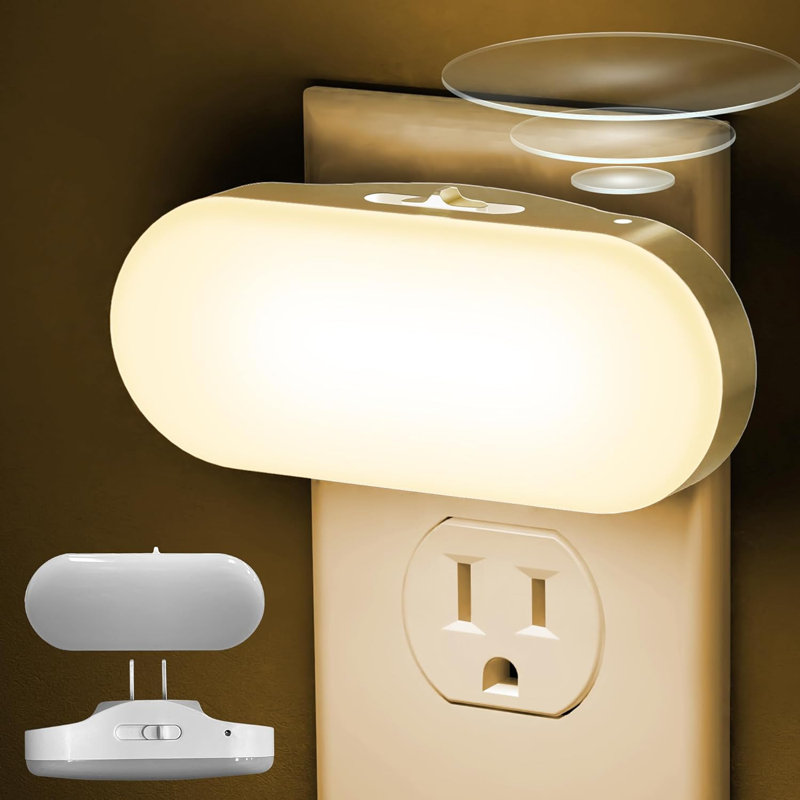 Horizontal White Plug-In Night Light With Light Sensor, 3000K Warm White, Sliding Dimmer