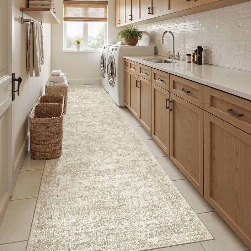 Washable Distressed Persian Rug, Beige, Runner 2'6" x 12'