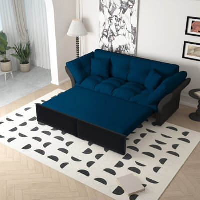 Lit-lit 3 en 1 bleu, 74,8 po de long, revêtement en velours, 2 coussins moelleux, respirant et de soutien, velours convertible grand style moderne, fonction, éponge à haute densité, installation rapide