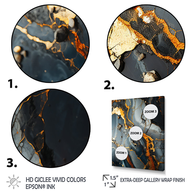 Gris et or abstrait marbre granit II - reproduction d'art abstrait mural, Cadre flottant noir, H 20 po x l 12 po x P 1 po