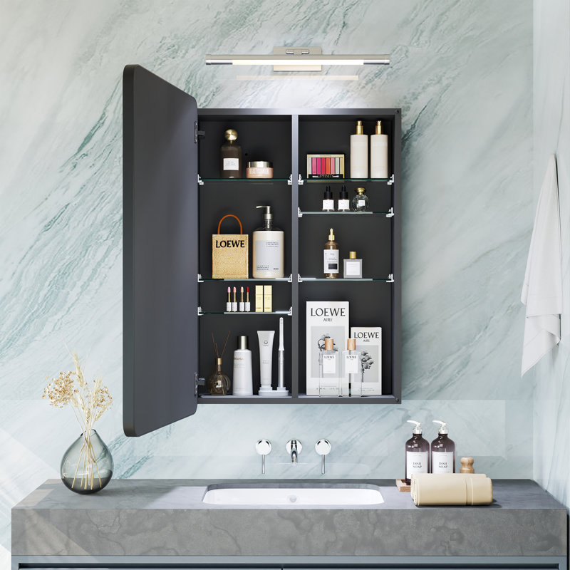 20"x 26" Recessed or Surface Mount Mirror Medicine Cabinet with Adjustable Shelves, Rust-Resistant Aluminum, Matte Black